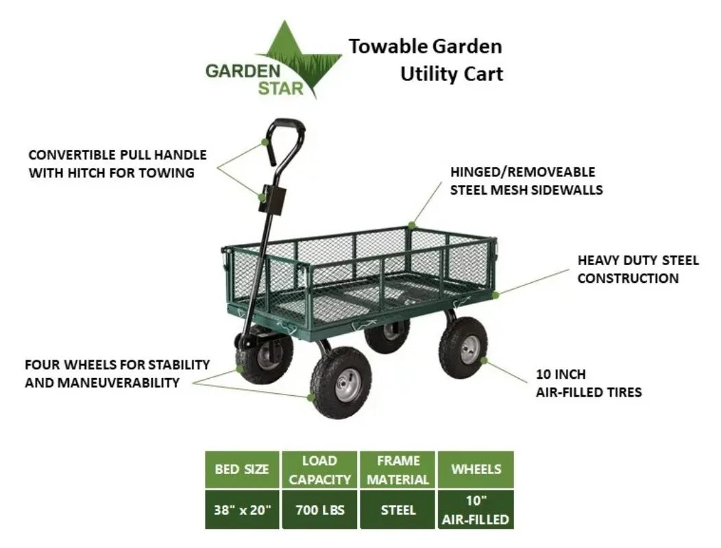 700lb Capacity, 38” x 20” Towable Mesh Garden Utility Cart