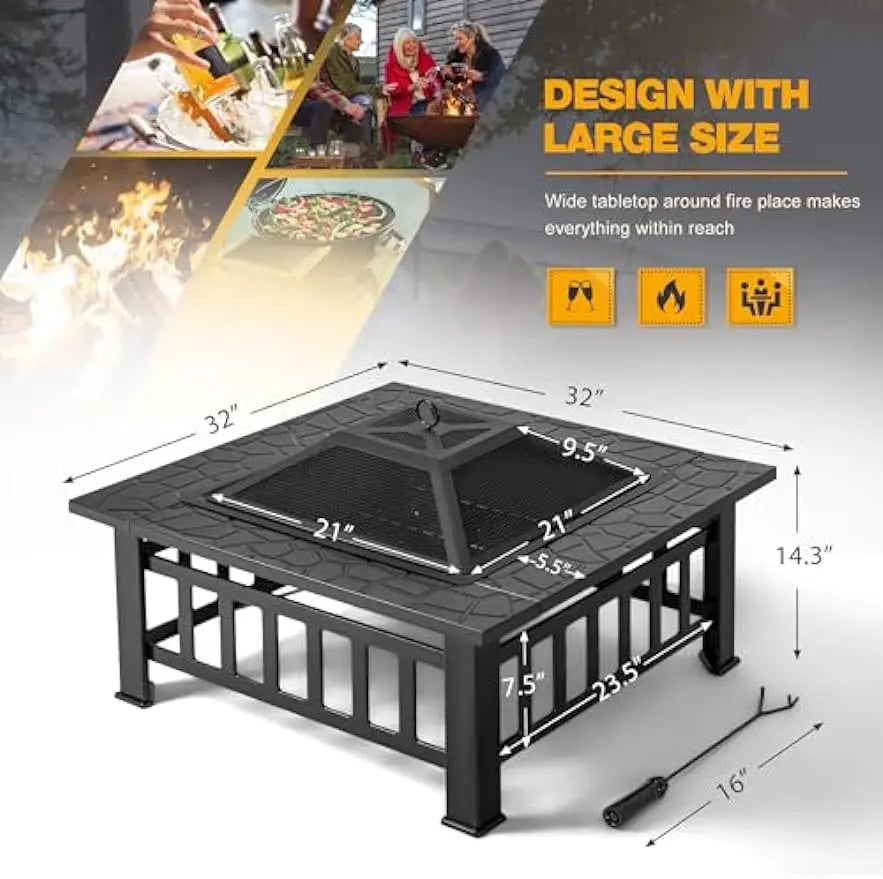 32 inch Multi-Use Metal Outdoor Fire Pit Table