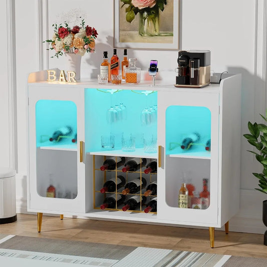 Liquor Cabinet Bar with Power Outlet and LED Light, Wine Bar Cabinet with Wine and Glasses Rack