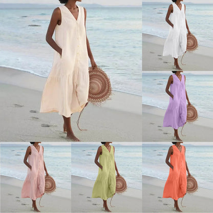 Women Cotton Sleeveless Linen Beach Dress With Pockets