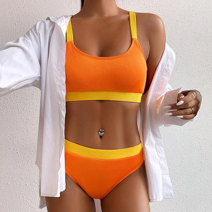 Women Crew Neck Off Shoulder Ribbed Stripe Bikini