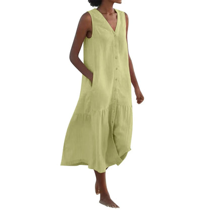 Women Cotton Sleeveless Linen Beach Dress With Pockets