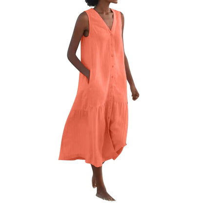 Women Cotton Sleeveless Linen Beach Dress With Pockets