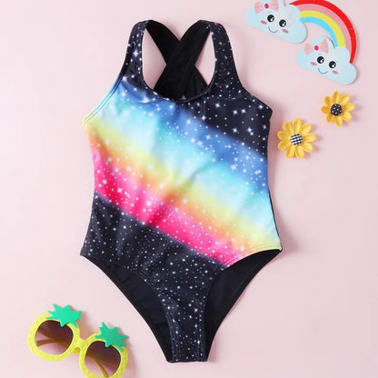 Cute Girls Swimwear, Crisscross, Conjoined Floral Printing Rainbow