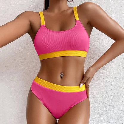 Women Crew Neck Off Shoulder Ribbed Stripe Bikini