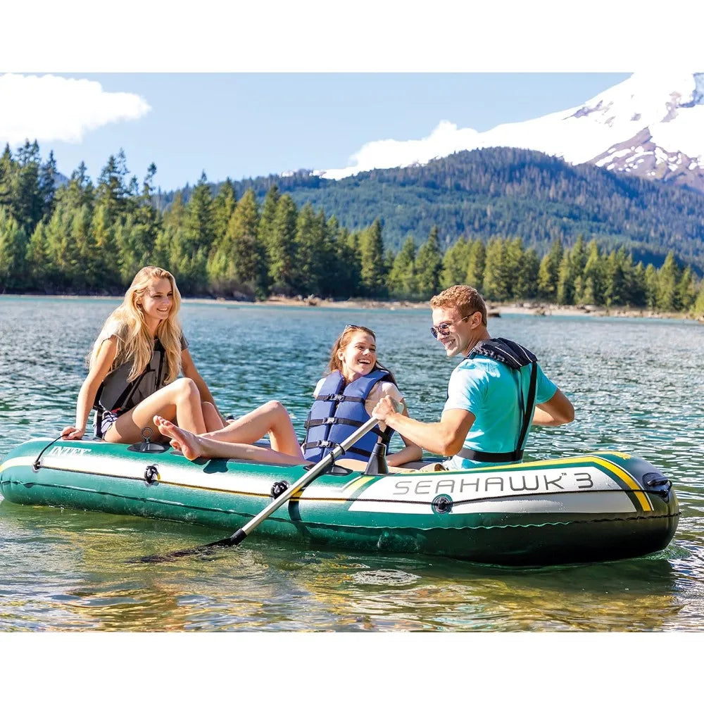 Seahawk Inflatable Boat Series: Includes Deluxe Aluminum Oars and High-Output Pump – SuperStrong PVC – Fishing Rod Holders